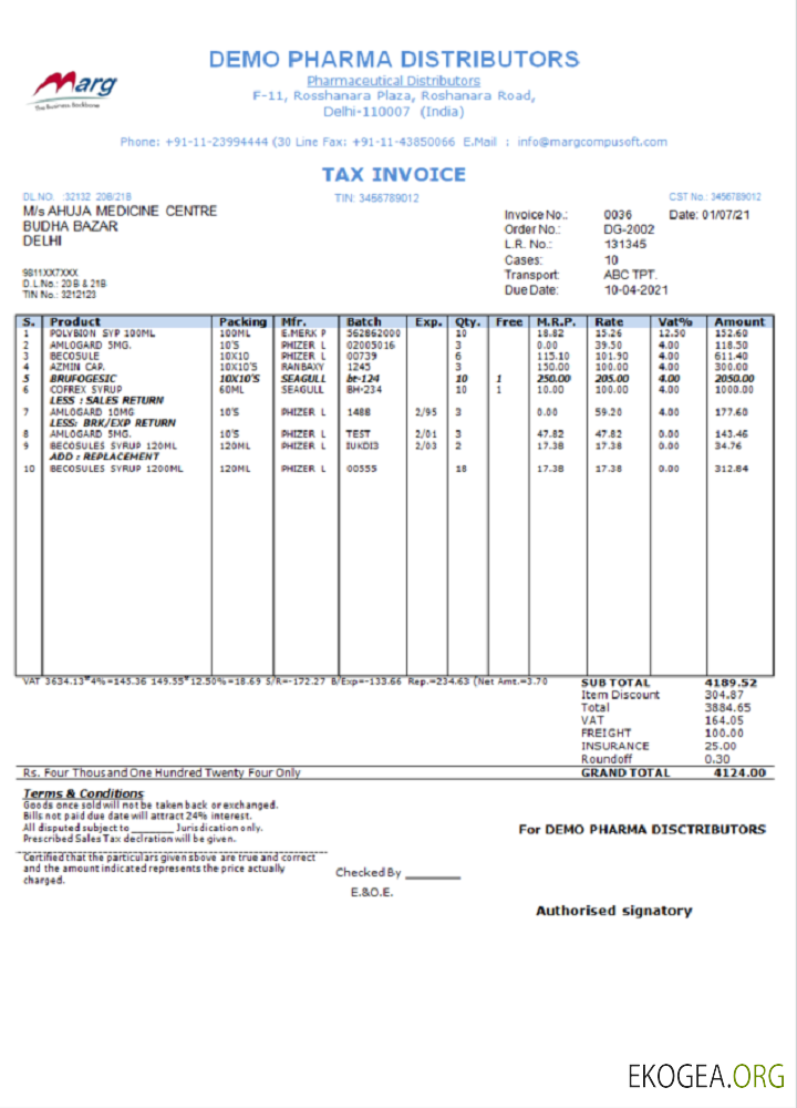Facture des services de conseil en médecine du distributeur India Demo Pharma